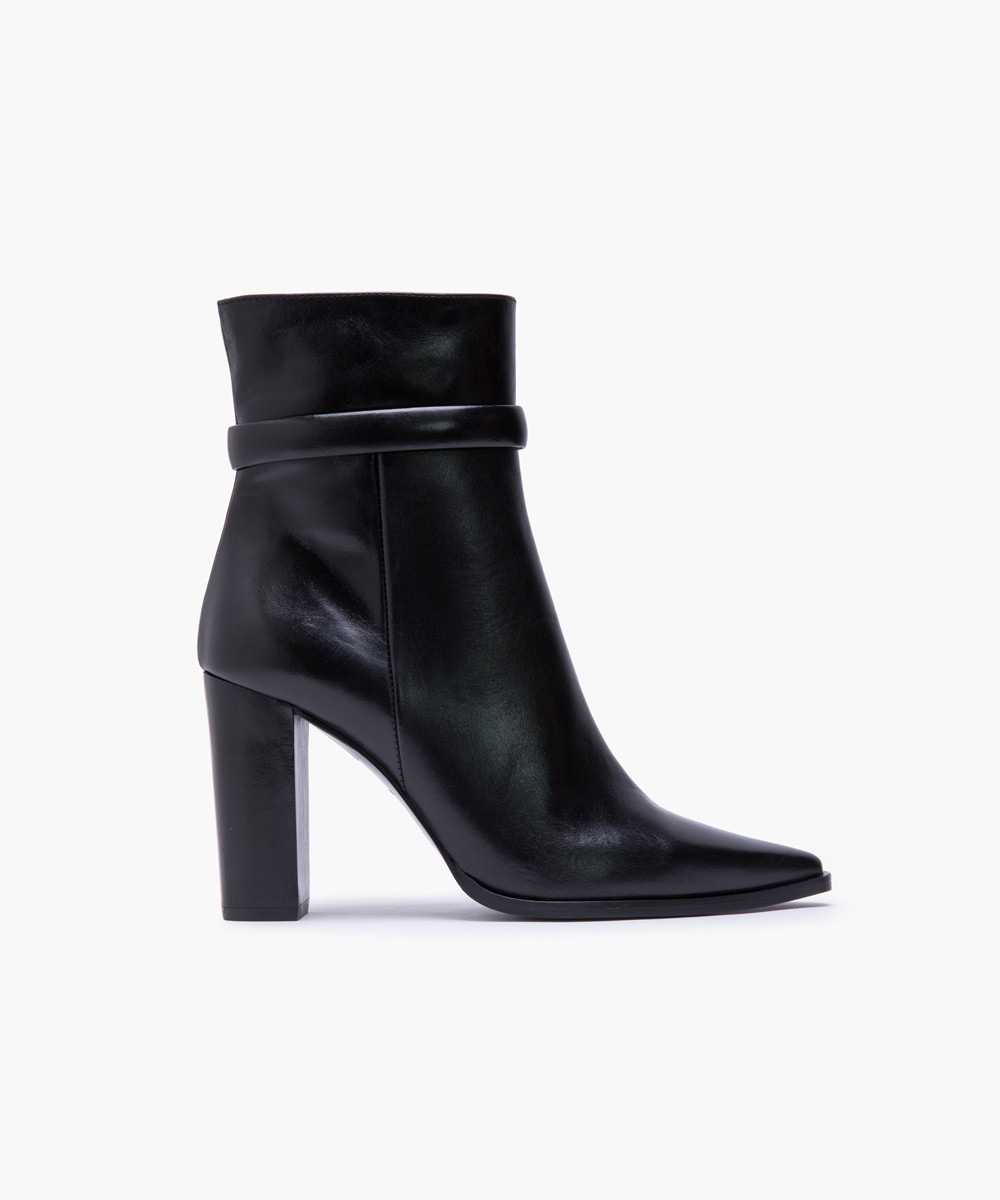 Black calf leather strip embellished ankle boots