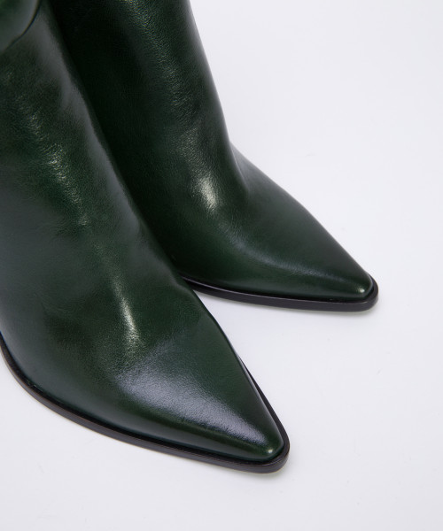 Dark green calf leather strip embellished ankle boots