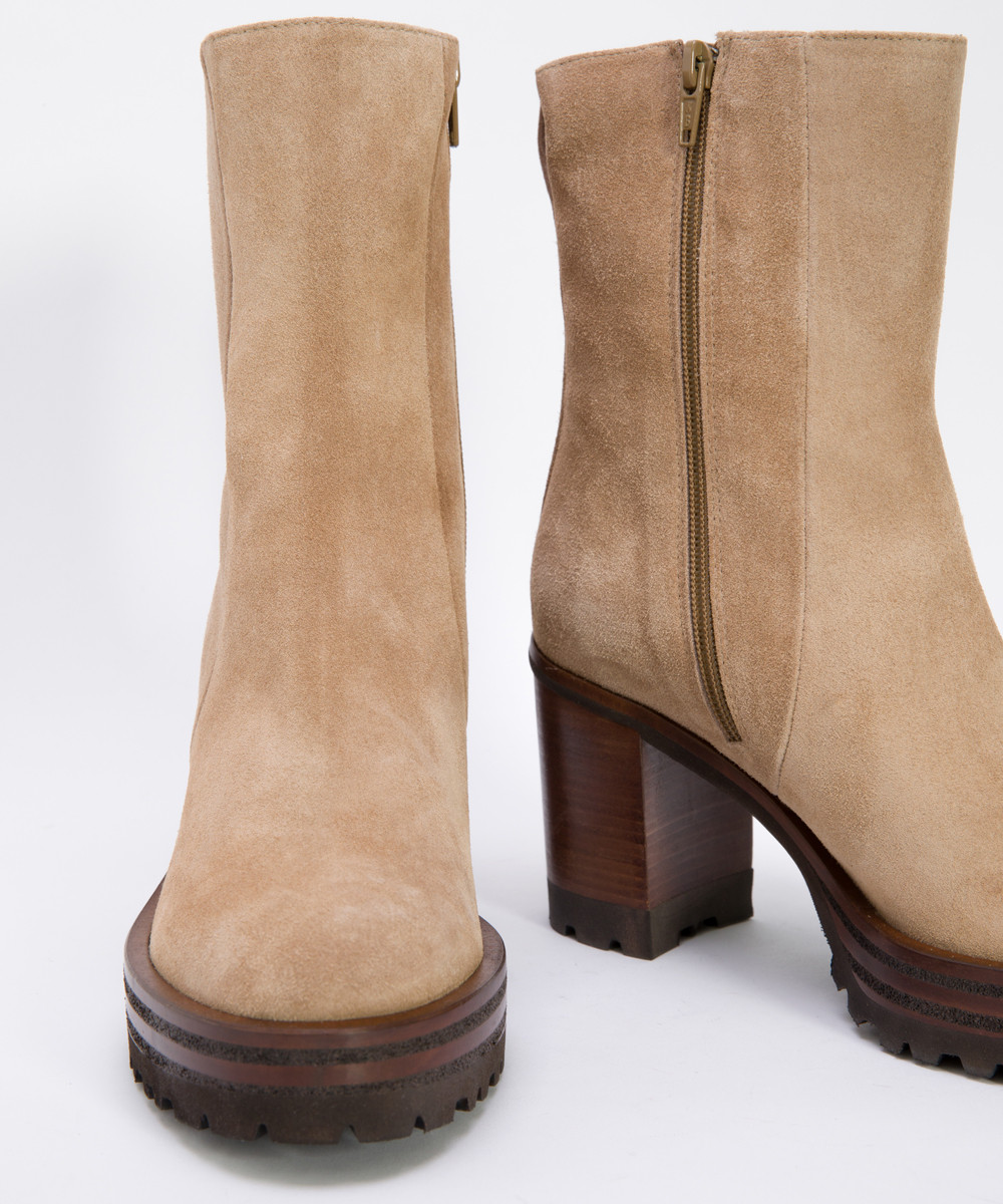 Light brown suede track sole platform mid ankle boots