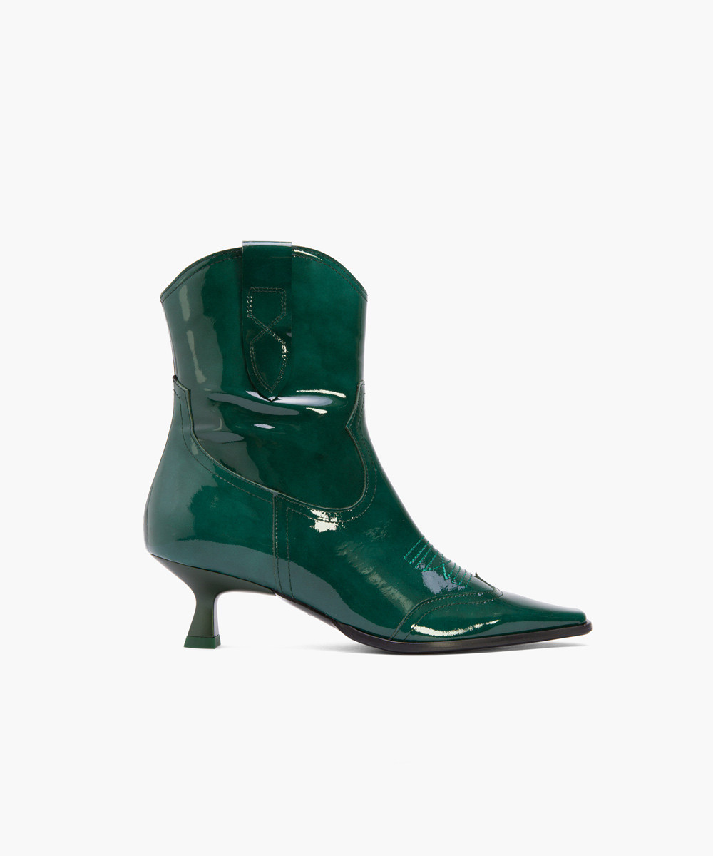 Teal green soft patent leather western ankle boots
