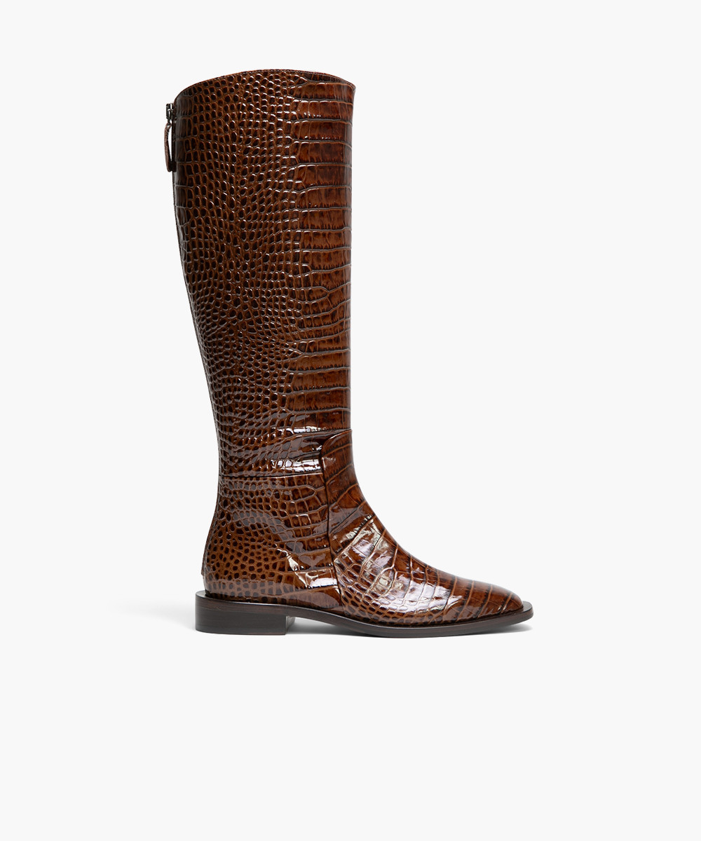 Brown embossed patent leather high boots