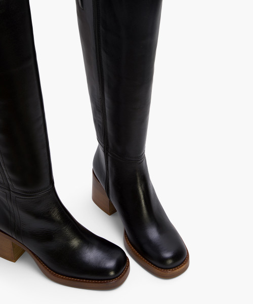 Black leather mid hotsell heel knee high boots