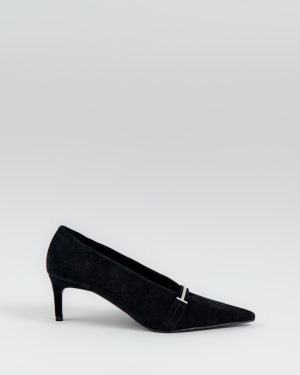 Black suede pump with metallic detail