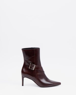 Brown pointed-toe ankle boots with decorative buckle